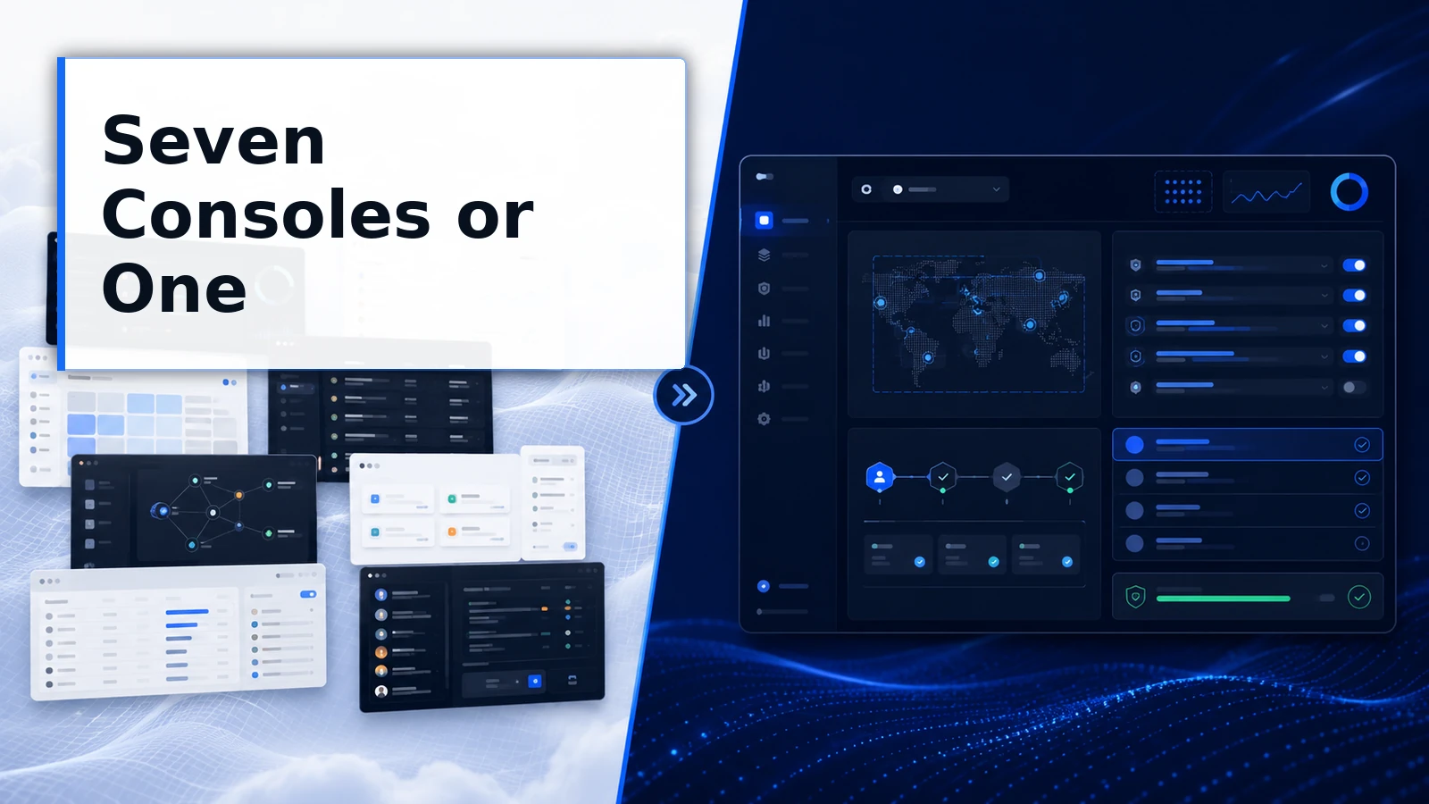 Multiple fragmented vendor admin panels compared with one AI operations dashboard.
