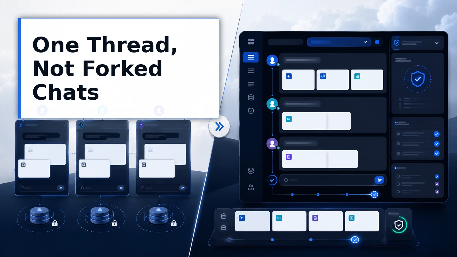 Forked individual AI chats compared with one shared collaborative conversation.