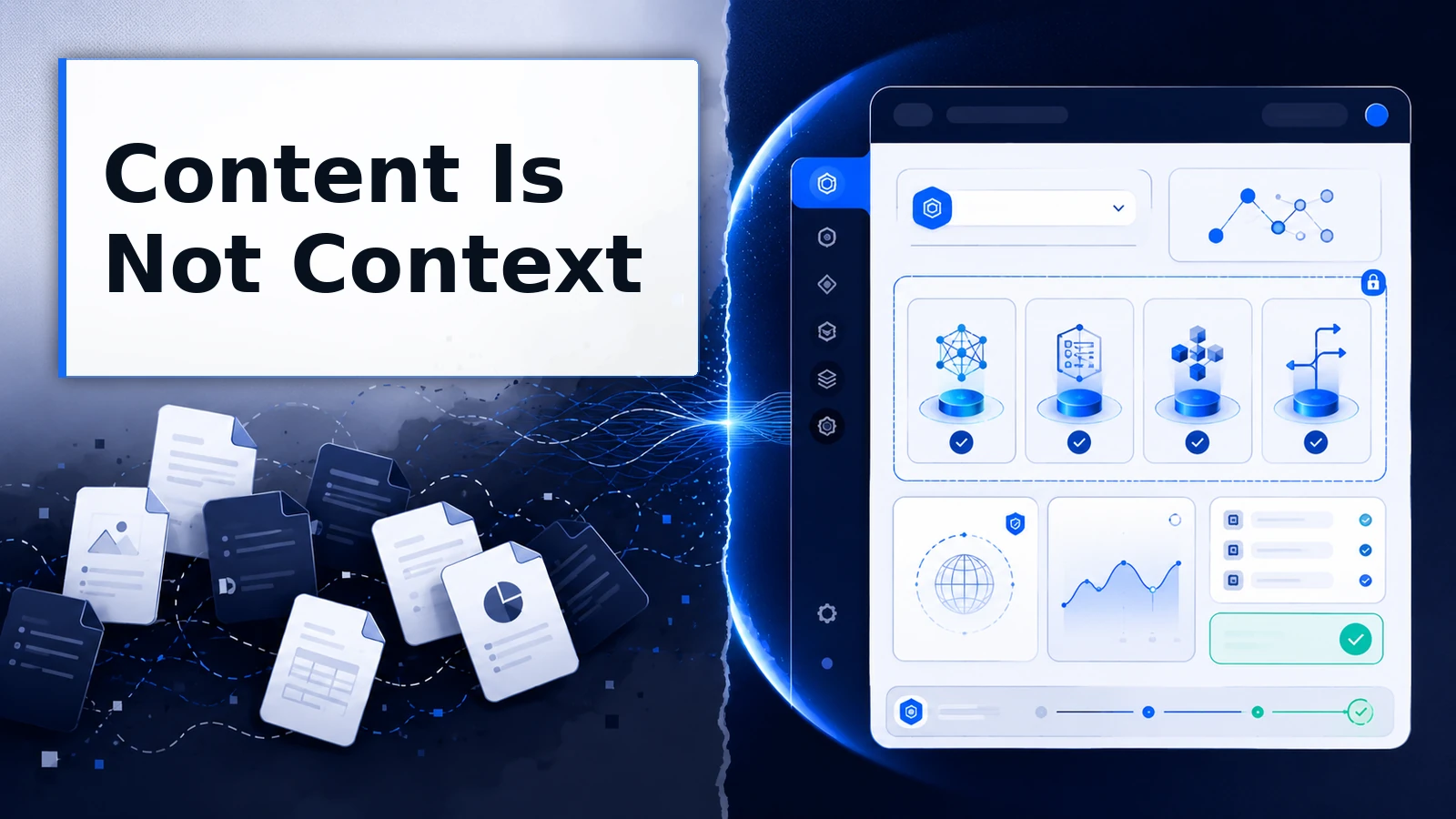 Comparison of owned content versus AI operating context including memory, rules, skills, and routing.