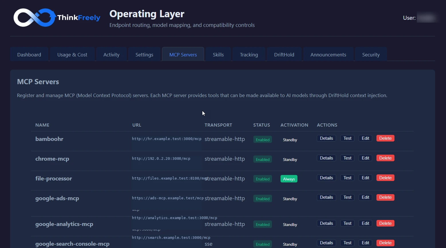 ThinkFreely MCP server registry listing servers with transport, status, and activation mode.