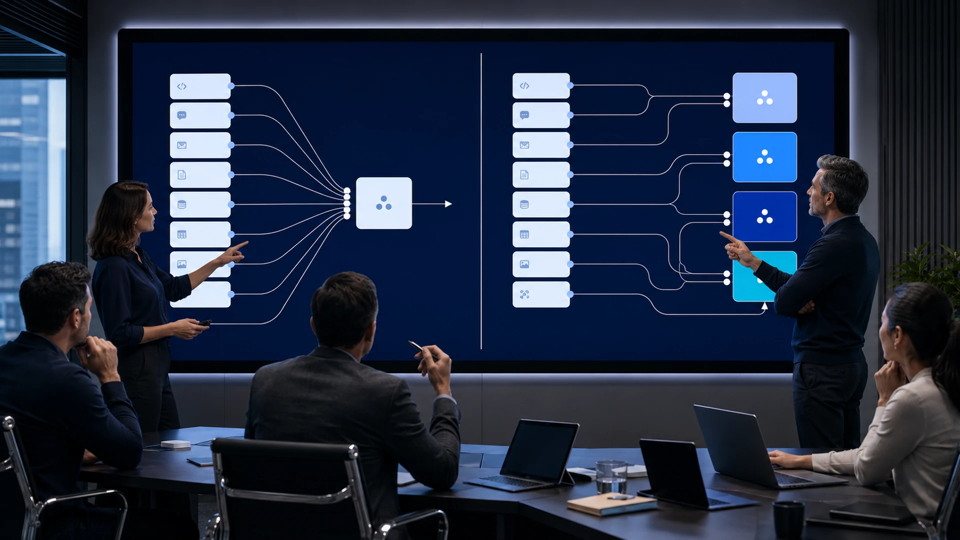 Diagram showing AI model routing dispatching requests by cost, privacy, capability, and policy.
