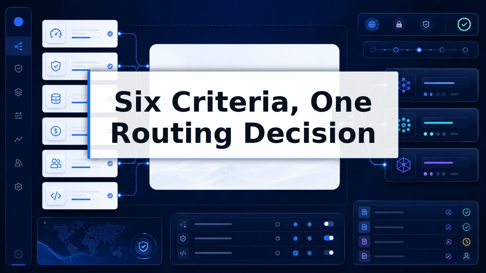 Six AI routing criteria: capability, cost, privacy, latency, policy, and availability.