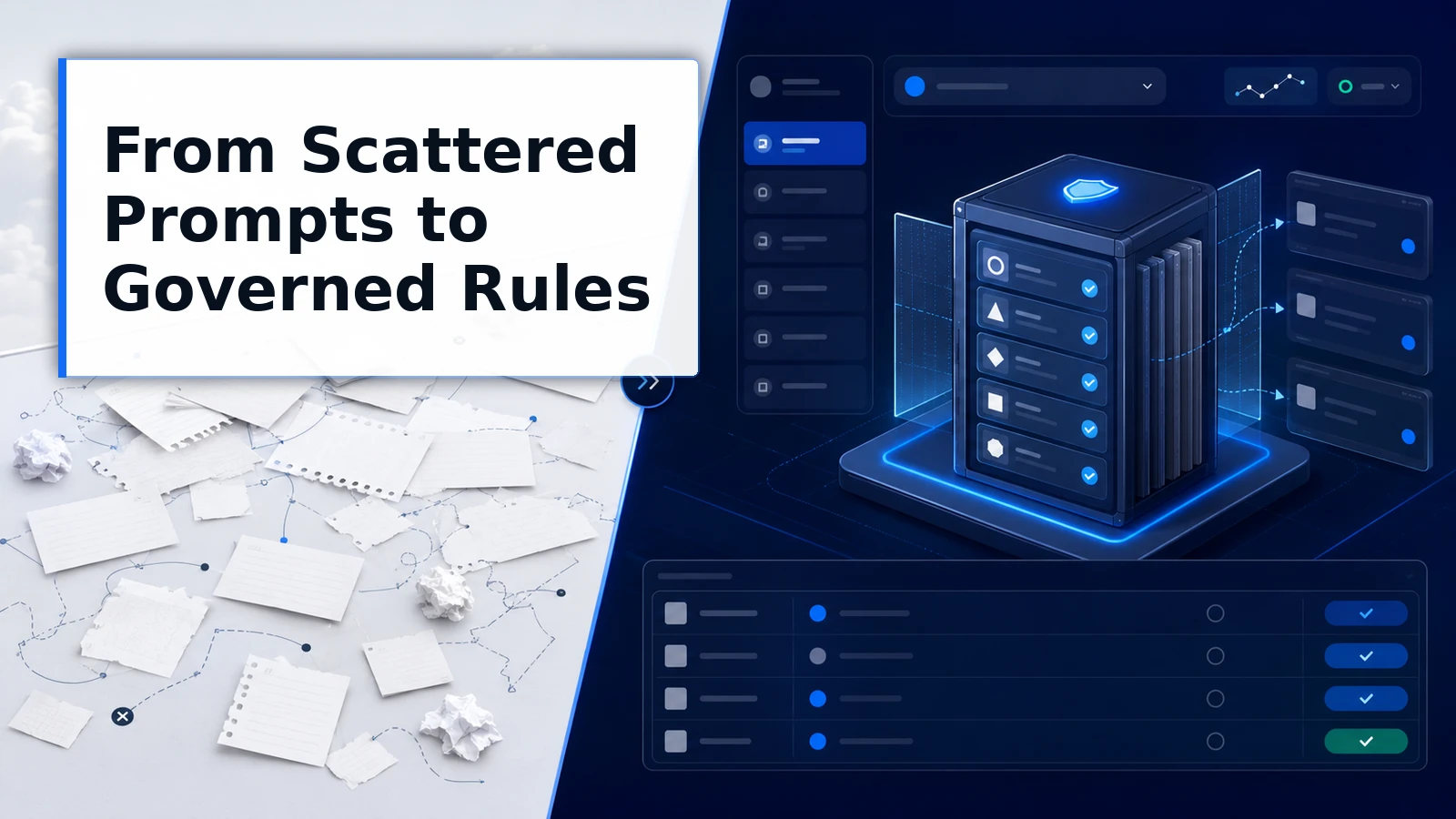 Scattered pasted prompts compared with centrally governed AI rules.