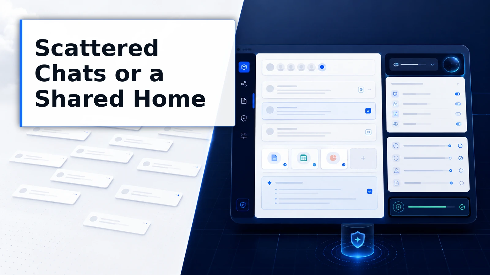 Disconnected AI chats compared with conversations organized inside a shared project.