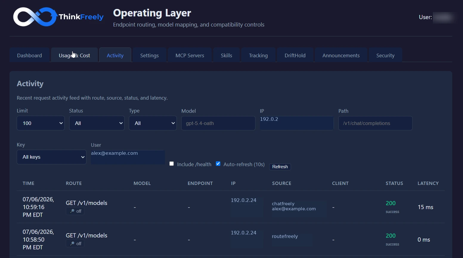 ThinkFreely activity feed showing request route, source, status code, and latency.