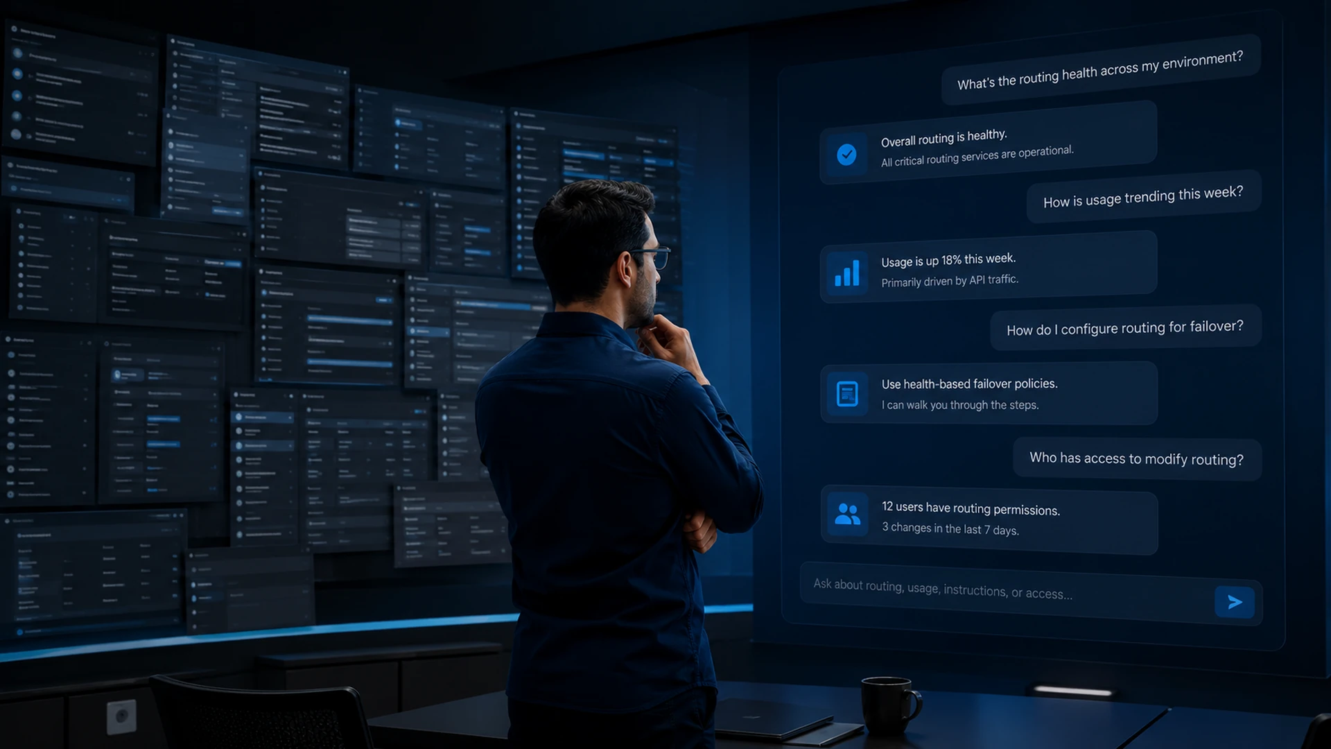A platform operator asking an AI agent about routing health instead of searching admin consoles.
